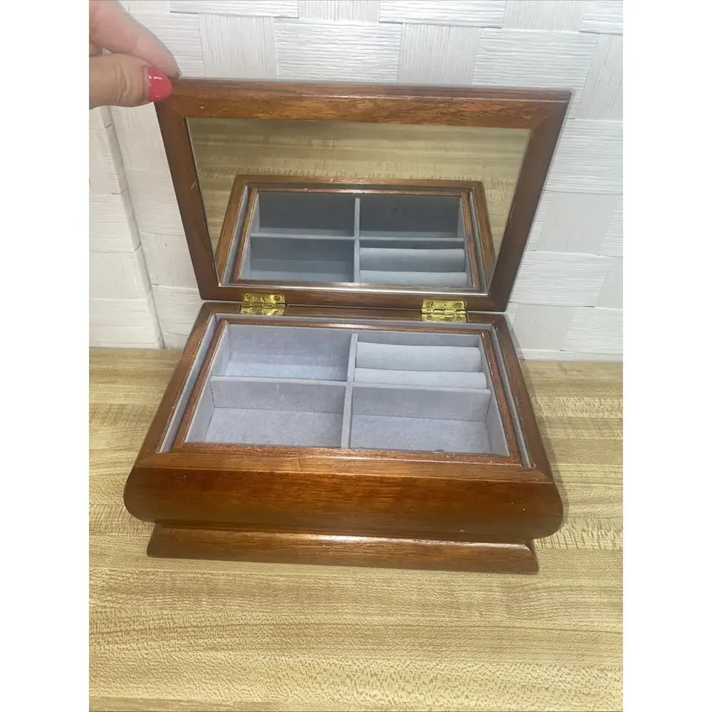 Vintage Jewelry Box Wood with Floral Tapestry Inlaid Top Mirrored Velvet Inside